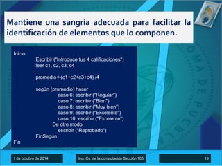 Mantiene una sangría adecuada para facilitar la 
identificación de elementos que lo componen. 
Inicio 
Escribir ("Introduce tus 4 calificaciones") 
leer c1, c2, c3, c4 
promedio<-(c1+c2+c3+c4) /4 
según (promedio) hacer 
caso 6: escribir ("Regular") 
caso 7: escribir ("Bien") 
caso 8: escribir ("Muy bien") 
caso 9: escribir ("Excelente") 
caso 10: escribir ("Excelente") 
De otro modo 
escribir ("Reprobado") 
FinSegun 
Fin 
1 de octubre de 2014 Ing. Cs. de la computación Sección 105 19 
 