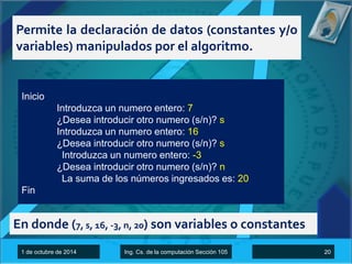Permite la declaración de datos (constantes y/o 
variables) manipulados por el algoritmo. 
Inicio 
Introduzca un numero entero: 7 
¿Desea introducir otro numero (s/n)? s 
Introduzca un numero entero: 16 
¿Desea introducir otro numero (s/n)? s 
Introduzca un numero entero: -3 
¿Desea introducir otro numero (s/n)? n 
La suma de los números ingresados es: 20 
Fin 
En donde (7, s, 16, -3, n, 20) son variables o constantes 
1 de octubre de 2014 Ing. Cs. de la computación Sección 105 20 
 