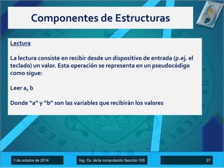 Componentes de Estructuras 
Lectura 
La lectura consiste en recibir desde un dispositivo de entrada (p.ej. el 
teclado) un valor. Esta operación se representa en un pseudocódigo 
como sigue: 
Leer a, b 
Donde “a” y “b” son las variables que recibirán los valores 
1 de octubre de 2014 Ing. Cs. de la computación Sección 105 27 
 