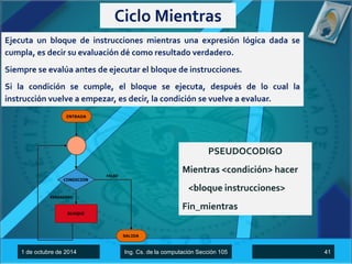 Ciclo Mientras 
Ejecuta un bloque de instrucciones mientras una expresión lógica dada se 
cumpla, es decir su evaluación dé como resultado verdadero. 
Siempre se evalúa antes de ejecutar el bloque de instrucciones. 
Si la condición se cumple, el bloque se ejecuta, después de lo cual la 
instrucción vuelve a empezar, es decir, la condición se vuelve a evaluar. 
PSEUDOCODIGO 
Mientras <condición> hacer 
<bloque instrucciones> 
Fin_mientras 
1 de octubre de 2014 Ing. Cs. de la computación Sección 105 41 
 