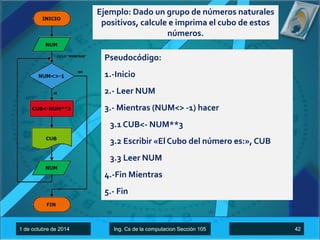 Ejemplo: Dado un grupo de números naturales 
positivos, calcule e imprima el cubo de estos 
números. 
Pseudocódigo: 
1.-Inicio 
2.- Leer NUM 
3.- Mientras (NUM<> -1) hacer 
3.1 CUB<- NUM**3 
3.2 Escribir «El Cubo del número es:»,CUB 
3.3 Leer NUM 
4.-Fin Mientras 
5.- Fin 
1 de octubre de 2014 Ing. Cs de la computacion Sección 105 42 
 