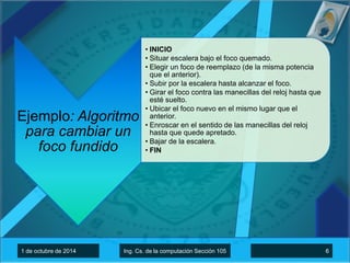 Ejemplo: Algoritmo 
para cambiar un 
foco fundido 
• INICIO 
• Situar escalera bajo el foco quemado. 
• Elegir un foco de reemplazo (de la misma potencia 
que el anterior). 
• Subir por la escalera hasta alcanzar el foco. 
• Girar el foco contra las manecillas del reloj hasta que 
esté suelto. 
• Ubicar el foco nuevo en el mismo lugar que el 
anterior. 
• Enroscar en el sentido de las manecillas del reloj 
hasta que quede apretado. 
• Bajar de la escalera. 
• FIN 
1 de octubre de 2014 Ing. Cs. de la computación Sección 105 6 
 