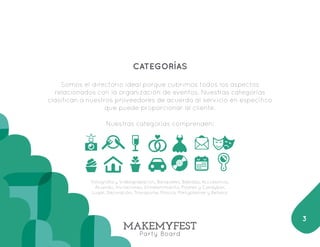CATEGORÍAS 
Somos el directorio ideal porque cubrimos todos los aspectos 
relacionados con la organización de eventos. Nuestras categorías 
clasifican a nuestros proveedores de acuerdo al servicio en específico 
que puede proporcionar al cliente. 
Nuestras categorías comprenden: 
Fotografía y Videograbación, Banquetes, Bebidas, Acccesorios, 
Atuendo, Invitaciones, Entretenimiento, Postres y Candybar, 
Lugar, Decoración, Transporte, Música, Partyplanner y Belleza. 
3 
 