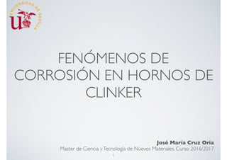 FENÓMENOS DE
CORROSIÓN EN HORNOS DE
CLINKER
José María Cruz Oria
Master de Ciencia yTecnología de Nuevos Materiales. Curso 2016/2017
1
 