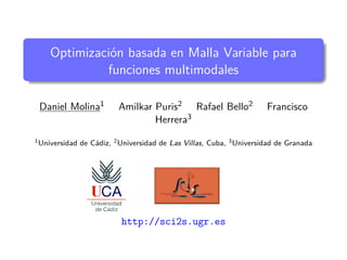 Optimización basada en Malla Variable para
funciones multimodales
Daniel Molina1 Amilkar Puris2 Rafael Bello2 Francisco
Herrera3
1Universidad de Cádiz, 2Universidad de Las Villas, Cuba, 3Universidad de Granada
MAEB 2013, 18 Septiembre 2013
http://sci2s.ugr.es
 