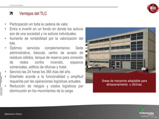 Fondo Inmobiliario
Ventajas del TLC
11
Áreas de mezanine adaptable para
almacenamiento u oficinas.
• Participación en toda la cadena de valor.
• Entra a invertir en un fondo en donde los activos
son de una sociedad y no activos individuales.
• Aumento de rentabilidad por la valorización del
lote.
• Óptimos servicios complementarios: Sede
administrativa, báscula, centro de acopio de
residuos sólidos, tanque de reserva para conexión
de redes contra incendio, espacios
comerciales, edificio de oficinas y hotel.
• Servicio las 24 horas los 365 días del año.
• Diseñado acorde a la funcionalidad y amplitud
requerida por las operaciones logísticas actuales.
• Reducción de riesgos y costos logísticos por
disminución en los movimientos de la carga.
 