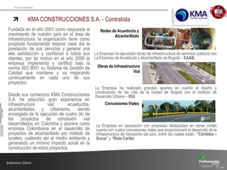 Fondo Inmobiliario
KMA CONSTRUCCIONES S.A. - Contratista
Fundada en el año 2001 como respuesta al
crecimiento de nuestro país en el área de
infraestructura, la organización tiene como
propósito fundamental mejorar cada día la
prestación de sus servicios y generar una
alta satisfacción y confianza a todos sus
clientes, por tal motivo en el año 2006 la
empresa implementó y certificó bajo la
norma ISO 9001 su Sistema de Gestión de
Calidad que mantiene y va mejorando
continuamente en cada uno de sus
proyectos.
Desde sus comienzos KMA Construcciones
S.A. ha adquirido gran experiencia en
infraestructura vial, acueductos,
alcantarillados y urbanismo, siendo
encargada de la ejecución de cuatro (4) de
los proyectos de concesión vial
desarrollados en Colombia y pionera como
empresa Colombiana en el desarrollo de
proyectos de alcantarillado por método de
tuneleo, cuidando así el medio ambiente y
generando un mínimo impacto social en la
construcción de estos proyectos.
Redes de Acueducto y
Alcantarillado
Obras de Infraestructura
Vial
La Empresa ha ejecutado obras de infraestructura de servicios públicos con
La Empresa de Acueducto y Alcantarillado de Bogotá – EAAB.
La Empresa ha realizado grandes aportes en cuanto al diseño y
construcción de las vías de la ciudad de Bogotá con el Instituto de
Desarrollo Urbano – IDU.
La Empresa en asociación con empresas destacadas en obras civiles
cuenta con cuatro concesiones viales que proporcionará el desarrollo de la
infraestructura de transporte del país, entre las cuales están “Córdoba –
Sucre” y “Ruta Caribe
Concesiones Viales
 