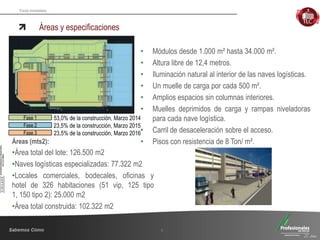 Fondo Inmobiliario
Áreas y especificaciones
• Módulos desde 1.000 m² hasta 34.000 m².
• Altura libre de 12,4 metros.
• Iluminación natural al interior de las naves logísticas.
• Un muelle de carga por cada 500 m².
• Amplios espacios sin columnas interiores.
• Muelles deprimidos de carga y rampas niveladoras
para cada nave logística.
• Carril de desaceleración sobre el acceso.
• Pisos con resistencia de 8 Ton/ m².
9
Áreas (mts2):
•Área total del lote: 126.500 m2
•Naves logísticas especializadas: 77.322 m2
•Locales comerciales, bodecales, oficinas y
hotel de 326 habitaciones (51 vip, 125 tipo
1, 150 tipo 2): 25.000 m2
•Área total construida: 102.322 m2
Fase 1 53,0% de la construcción, Marzo 2014
23,5% de la construcción, Marzo 2015
23,5% de la construcción, Marzo 2016
Fase 2
Fase 3
 