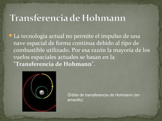 La tecnología actual no permite el impulso de una

nave espacial de forma continua debido al tipo de
combustible utilizado. Por esa razón la mayoría de los
vuelos espaciales actuales se basan en la
"Transferencia de Hohmann".

Órbita de transferencia de Hohmann (en
amarillo).

 