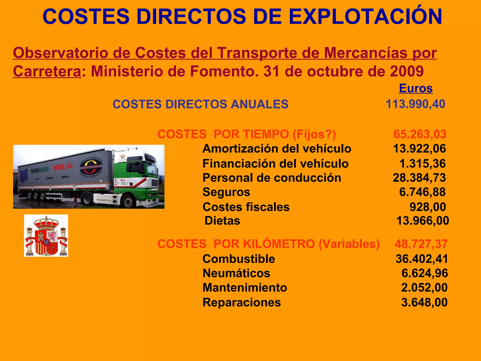 Euros COSTES DIRECTOS ANUALES 113.990,40 COSTES  POR TIEMPO (Fijos?) 65.263,03 Amortización del vehículo 13.922,06 Financiación del vehículo 1.315,36 Personal de conducción 28.384,73 Seguros 6.746,88 Costes fiscales 928,00 Dietas 13.966,00 COSTES  POR KILÓMETRO (Variables) 48.727,37 Combustible 36.402,41 Neumáticos 6.624,96 Mantenimiento 2.052,00 Reparaciones 3.648,00 COSTES DIRECTOS DE EXPLOTACIÓN Observatorio de Costes del Transporte de Mercancías por Carretera : Ministerio de Fomento. 31 de octubre de 2009 