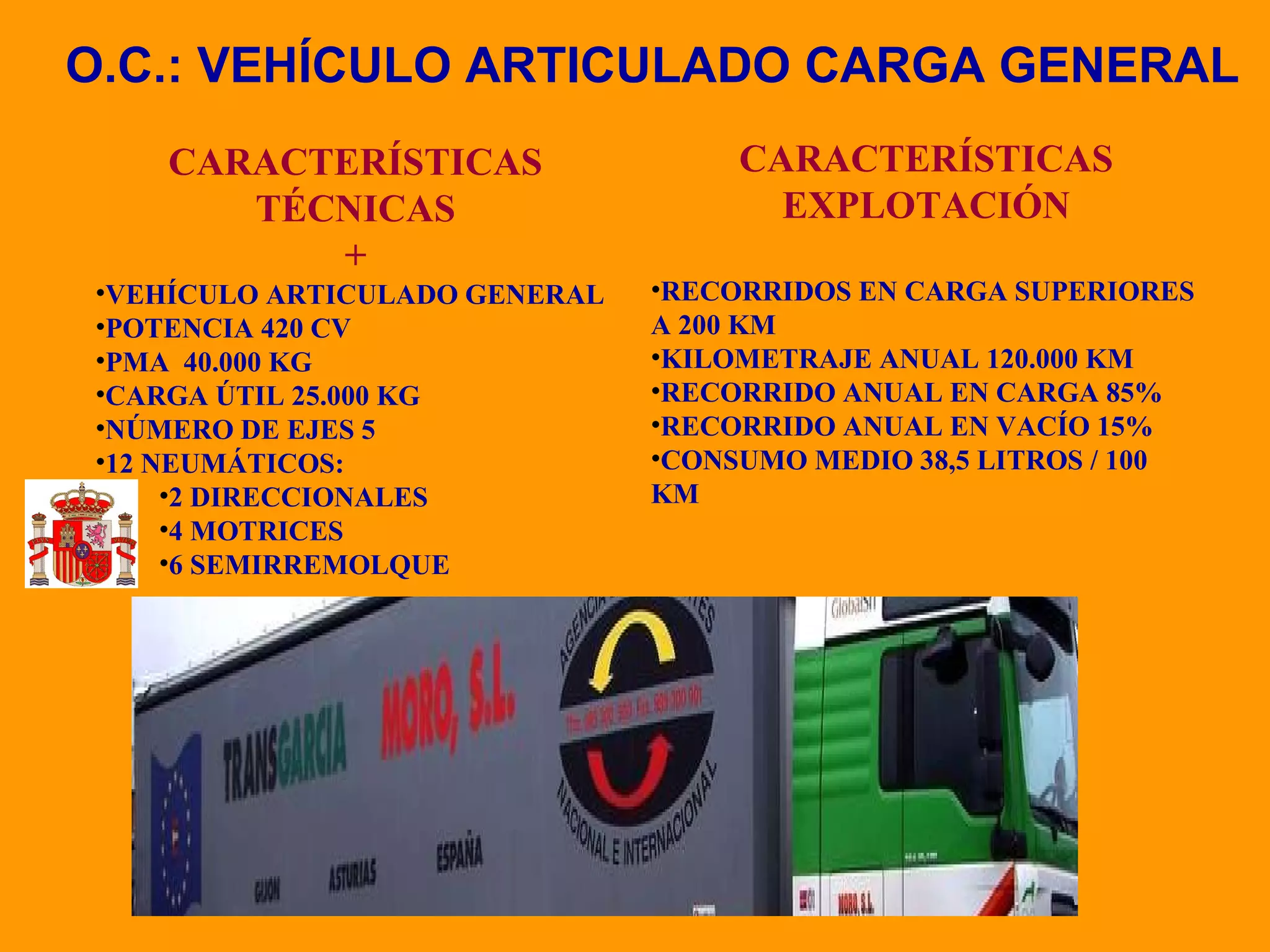 O.C.: VEHÍCULO ARTICULADO CARGA GENERAL CARACTERÍSTICAS TÉCNICAS + VEHÍCULO ARTICULADO GENERAL POTENCIA 420 CV PMA  40.000 KG CARGA ÚTIL 25.000 KG NÚMERO DE EJES 5 12 NEUMÁTICOS: 2 DIRECCIONALES 4 MOTRICES  6 SEMIRREMOLQUE CARACTERÍSTICAS EXPLOTACIÓN RECORRIDOS EN CARGA SUPERIORES A 200 KM KILOMETRAJE ANUAL 120.000 KM RECORRIDO ANUAL EN CARGA 85% RECORRIDO ANUAL EN VACÍO 15% CONSUMO MEDIO 38,5 LITROS / 100 KM 