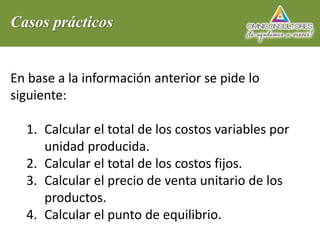 Casos prácticos
En base a la información anterior se pide lo
siguiente:
1. Calcular el total de los costos variables por
unidad producida.
2. Calcular el total de los costos fijos.
3. Calcular el precio de venta unitario de los
productos.
4. Calcular el punto de equilibrio.
 