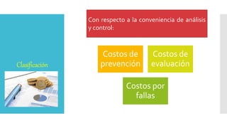 Clasificación
Costos de
prevención
Costos de
evaluación
Costos por
fallas
Con respecto a la conveniencia de análisis
y control:
 