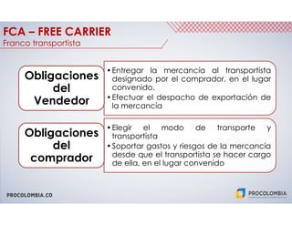 PROCOLOMBIA.CO
FCA – FREE CARRIER
Franco transportista
•Entregar la mercancía al transportista
designado por el comprador, en el lugar
convenido.
•Efectuar el despacho de exportación de
la mercancía
Obligaciones
del
Vendedor
•Elegir el modo de transporte y
transportista
•Soportar gastos y riesgos de la mercancía
desde que el transportista se hacer cargo
de ella, en el lugar convenido
Obligaciones
del
comprador
 