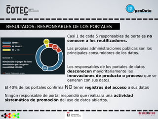 Casi 1 de cada 5 responsables de portales no
conocen a los reutilizadores.
Las propias administraciones públicas son los
p...