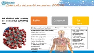 ¿Cuálesson los síntomas del coronavirus (COVID-19)?
Fiebre Cansancio Tos
seca
Los síntomas más comunes
del coronavirus (COVID-19)
son:
 
