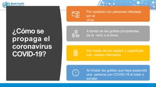 ¿Cómo se
propaga el
coronavirus
COVID-19?
Por contacto con personas infectada
por el
virus.
A través de las gotitas procedentes
de la nariz o la boca.
Por medio de los objetos y superficies
que rodean infectados.
Al inhalar las gotitas que haya esparcido
una persona con COVID-19 al toser o
exhalar.
 