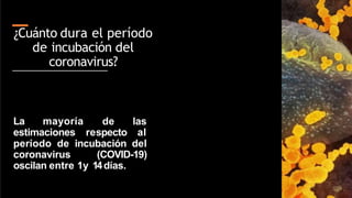 ¿Cuánto dura el período
de incubación del
coronavirus?
La mayoría
estimaciones
de las
respecto al
período de incubación del
coronavirus (COVID-19)
oscilan entre 1y 14días.
 