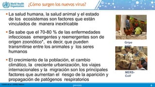 ¿Cómo surgen los nuevos virus?
 La salud humana, la salud animal y el estado
de los ecosistemas son factores que están
vinculados de manera inextricable
 Se sabe que el 70-80 % de las enfermedades
infecciosas emergentes y reemergentes son de
origen zoonótico*, es decir, que pueden
transmitirse entre los animales y los seres
humanos
 El crecimiento de la población, el cambio
climático, la creciente urbanización, los viajes
internacionales y la migración son los principales
factores que aumentan el riesgo de la aparición y
propagación de patógenos respiratorios
*Jones et al. (2008) Nature
MERS-
CoV
6
©WHO202
Gripe
aviar
 