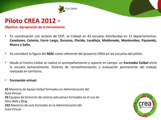 Piloto CREA 2012 -
Objetivo: Apropiación de la herramienta
• En coordinación con actores de CEIP, se trabajó en 43 escuelas distribuidas en 11 departamentos:
Canelones, Colonia, Cerro Largo, Durazno, Florida, Lavalleja, Maldonado, Montevideo, Paysandú,
Rivera y Salto.
• Se consideró la figura del MAC como referente del proyecto CREA en las escuelas del piloto.
• Desde el Centro Ceibal se realizó el acompañamiento y soporte en campo: un Formador Ceibal visitó
la escuela semanalmente. Sistema de retroalimentación y evaluación permanente del trabajo
realizado en territorio.
• Formación virtual:
43 Maestros de Apoyo Ceibal formados en Administración del
Aula Virtual.
43 Equipos de Dirección de centros educativos formados en el uso de
Sitio Web y Blog.
232 Maestros de aula formados en la Administración del
Aula Virtual.
 