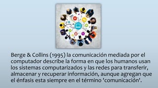 Berge & Collins (1995) la comunicación mediada por el
computador describe la forma en que los humanos usan
los sistemas computarizados y las redes para transferir,
almacenar y recuperar información, aunque agregan que
el énfasis esta siempre en el término 'comunicación'.
 