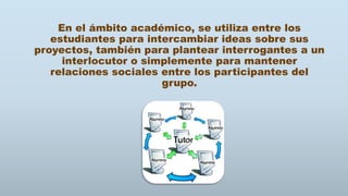 En el ámbito académico, se utiliza entre los
estudiantes para intercambiar ideas sobre sus
proyectos, también para plantear interrogantes a un
interlocutor o simplemente para mantener
relaciones sociales entre los participantes del
grupo.
 