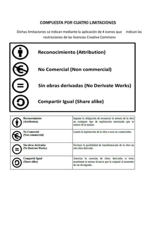 Dichas limitaciones se indican mediante la aplicación de 4 iconos que indican las
restricciones de las licencias Creative Commons