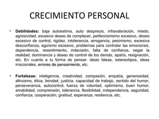 CRECIMIENTO PERSONAL
• Debilidades: baja autoestima, auto desprecio, infravaloración, miedo,
agresividad, excesivo deseo de complacer, perfeccionismo excesivo, deseo
excesivo de control, rigidez, intolerancia, arrogancia, pesimismo, excesiva
desconfianza, egoísmo excesivo, problemas para controlar las emociones,
dependencia, resentimiento, indecisión, falta de confianza, negar la
realidad, dominancia y deseo de control de los demás, apatía, resignación,
etc. En cuanto a tu forma de pensar: ideas falsas, estereotipos, ideas
irracionales, errores de pensamiento,errores de pensamiento, etc.
• Fortalezas: inteligencia, creatividad, compasión, empatía, generosidad,
altruismo, ética, bondad, justicia, capacidad de trabajo, sentido del humor,
perseverancia, autocontrol, fuerza de voluntad, optimismo, buen humor,
amabilidad, comprensión, tolerancia, flexibilidad, independencia, seguridad,
confianza, cooperación, gratitud, esperanza, resiliencia, etc.
 