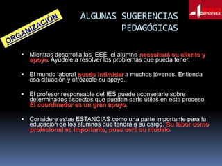 ALGUNAS SUGERENCIAS
PEDAGÓGICAS
 Mientras desarrolla las EEE el alumno necesitará su aliento y

apoyo. Ayúdele a resolver los problemas que pueda tener.

 El mundo laboral puede intimidar a muchos jóvenes. Entienda

esa situación y ofrézcale su apoyo.

 El profesor responsable del IES puede aconsejarle sobre

determinados aspectos que puedan serle útiles en este proceso.
El coordinador es un gran apoyo.

 Considere estas ESTANCIAS como una parte importante para la

educación de los alumnos que tendrá a su cargo. Su labor como
profesional es importante, pues será su modelo.

 
