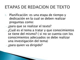 1. Planificación: es una etapa de tiempo y
dedicación en la cual se deben realizar
preguntas como:
- ¿para que se realizar el texto?
- ¿Cuál es el tema a tratar y que conocimientos
se tiene del mismo? ( si no se cuenta con los
conocimientos adecuados se debe realizar
una investigación del tema)
- ¿para quien va dirigido?
 