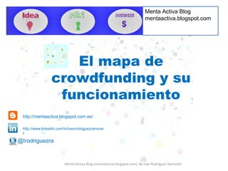 Crowdfunding: Equity,
Crowdlending i Fan Suport
Menta Activa Blog
mentaactiva.blogspot.com
Menta Activa Blog (mentaactiva.blogspot.com). By Ivan Rodríguez Ramonet
@Irodriguezra
http://www.linkedin.com/in/ivanrodriguezramone
t
http://mentaactiva.blogspot.com.es/
 