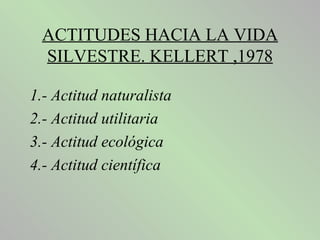 ACTITUDES HACIA LA VIDA
 SILVESTRE. KELLERT ,1978

1.- Actitud naturalista
2.- Actitud utilitaria
3.- Actitud ecológica
4.- Actitud científica
 