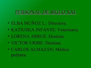 PERSONAL DE SIGLO XXI

•   ELBA MUÑOZ L.: Directora.
•   KATIUSKA INFANTE: Veterinaria.
•   LORENA ARRUÉ: Dentista.
•   VICTOR URIBE: Dentista.
•   CARLOS ALMAZÁN: Médico
    pediatra.
 