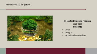 Festivales 10 de junio…
En los festivales se requiere
que este
Presente
• Arte
• Alegría
• Actividades sensibles
 