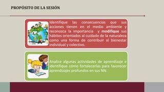 PROPÓSITO DE LA SESIÓN
Identifique las consecuencias que sus
acciones tienen en el medio ambiente y
reconozca la importancia y modifique sus
hábitos orientados al cuidado de la naturaleza
como una forma de contribuir al bienestar
individual y colectivo.
Analice algunas actividades de aprendizaje e
identifique cómo fortalecerlas para favorecer
aprendizajes profundos en sus NN.
 