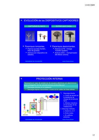 13/05/2009
12
EVOLUCIÓN de los DISPOSITIVOS CAPTADORESEVOLUCIÓN de los DISPOSITIVOS CAPTADORES
CAPTURAR EL RAYO EVITAR QUE CAIGA
 Pararrayos ionizantes.
• P i ( t f kli
 Pararrayos desionizantes.
• P i (CTS Ch
SEGURIDAD DE UTILIZACIÓN Javier Parras Simón
• Pasivos (puntas franklin,
hilos de guarda)
• Activos (con dispositivo de
cebado)
• Pasivos (CTS - Charge
Transfer System)
• Activos (CEC – Compensador
del efecto corona)
PROTECCIÓN INTERNAPROTECCIÓN INTERNA
Necesaria en caso de existencia de equipos eléctricos y/o electrónicos
para protegerlos de las sobretensiones producidas por:
• Descargas directas en la instalación.
• Descargas lejanas transmitidas a través de los cables de líneas aéreas.
1. Descarga directa.
a. Caída de tensión en
la resistencia de
choque de la toma de
tierra.
b. Efectos inductivos
en los bucles de las
instalaciones
SEGURIDAD DE UTILIZACIÓN Javier Parras Simón
instalaciones.
2. Descarga indirecta.
a. Sobre la L.A.T.
b. Entre nubes.
c. En edificios
próximos.
 