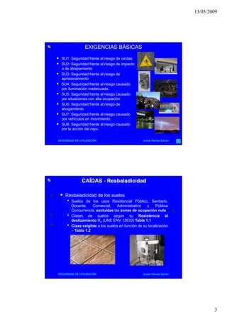 13/05/2009
3
EXIGENCIAS BÁSICASEXIGENCIAS BÁSICAS
 SU1: Seguridad frente al riesgo de caídas
 SU2: Seguridad frente al riesgo de impacto
o de atrapamiento
 SU3: Seguridad frente al riesgo de
aprisionamiento
 SU4: Seguridad frente al riesgo causado
por iluminación inadecuada.
 SU5: Seguridad frente al riesgo causado
por situaciones con alta ocupación
 SU6: Seguridad frente al riesgo de
ahogamiento
SEGURIDAD DE UTILIZACIÓN Javier Parras Simón
g
 SU7: Seguridad frente al riesgo causado
por vehículos en movimiento.
 SU8: Seguridad frente al riesgo causado
por la acción del rayo.
CAÍDASCAÍDAS -- ResbaladicidadResbaladicidad
 Resbaladicidad de los suelos
• Suelos de los usos Residencial Público, Sanitario,
Docente, Comercial, Administrativo y Pública
Concurrencia excluidas las zonas de ocupación nulaConcurrencia, excluidas las zonas de ocupación nula
• Clases de suelos según su Resistencia al
deslizamiento Rd (UNE ENV 12633) Tabla 1.1
• Clase exigible a los suelos en función de su localización
– Tabla 1.2
SEGURIDAD DE UTILIZACIÓN Javier Parras Simón
 