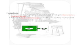 • Principio térmico:
• La cámara tiene que ser rellenada de líquido para volver a ser inyectada otra gota al exterior, esto significa limitaciones en cuanto a la
velocidad máxima del proceso.
• Otra limitación es la utilización de sólo tintas de base agua para mantener la temperatura de ebullición en unos valores bajo control.
 