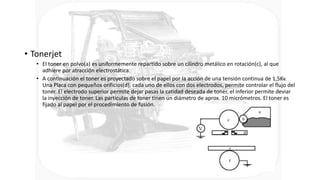 • Tonerjet
• El toner en polvo(a) es uniformemente repartido sobre un cilindro metálico en rotación(c), al que
adhiere por atracción electrostática.
• A continuación el toner es proyectado sobre el papel por la acción de una tensión continua de 1,5Kv.
Una Placa con pequeños orificios(d), cada uno de ellos con dos electrodos, permite controlar el flujo del
toner. El electrodo superior permite dejar pasas la catidad deseada de toner, el inferior permite deviar
la inyección de toner. Las particulas de toner tinen un diámetro de aprox. 10 micrómetros. El toner es
fijado al papel por el procedimiento de fusión.
 