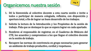 Organicemos nuestra sesión
Pág. 7
Pág.Pág. 8
F1
1. Dé la bienvenida al colectivo docente a esta cuarta sesión e invite a
todos a participar de manera colegiada, reflexiva, con disposición y
apertura total, a fin de lograr un buen desarrollo de los trabajos.
2. Solicite la lectura de la Introducción y los Propósitos de la sesión de
trabajo. Pida que se destaque lo que se espera lograr en cada apartado.
3. Nombren al responsable de registrar, en el Cuaderno de Bitácora del
CTE, los acuerdos y compromisos a los que llegue el colectivo docente
en la sesión de trabajo.
4. Recupere las normas de convivencia en grupo necesarias para generar
un ambiente de trabajo productivo, cordial y respetuoso.
 