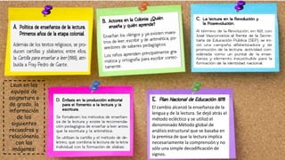 Lean en los
equipos de
asignatura o
de grado, la
información
de los
siguientes
recuadros y
relaciónenla
con las
imágenes:
El cambio alcanzó la enseñanza de la
lengua y de la lectura. Se dejó atrás el
método ecléctico y se utilizó el
denominado Método global de
análisis estructural que se basaba en
la premisa de que la lectura implica
necesariamente la comprensión y no
sólo una simple decodificación de
signos.
 