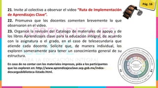 21. Invite al colectivo a observar el video “Ruta de Implementación
de Aprendizajes Clave”.
22. Promueva que los docentes comenten brevemente lo que
observaron en el video.
23. Organice la revisión del Catalogo de materiales de apoyo y de
los libros Aprendizajes clave para la educación integral, de acuerdo
con la asignatura o el grado, en el caso de telesecundaria que
atiende cada docente. Solicite que, de manera individual, los
exploren someramente para tener un conocimiento general de su
estructura.
Pág. 16
En caso de no contar con los materiales impresos, pida a los participantes
que los exploren en: http://www.aprendizajesclave.sep.gob.mx/index-
descargasbiblioteca-listado.html.
 