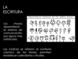 LA
ESCRITURA

Los      mayas
desarrollaron
el sistema de
comunicación
por signos más
sofisticado.


Los códices se refieren al contexto
cósmico de los dioses, permiten
establecer calendarios y rituales.
 