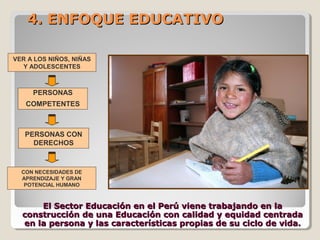 4. ENFOQUE EDUCATIVO4. ENFOQUE EDUCATIVO
El Sector Educación en el Perú viene trabajando en laEl Sector Educación en el Perú viene trabajando en la
construcción de una Educación con calidad y equidad centradaconstrucción de una Educación con calidad y equidad centrada
en la persona y las características propias de su ciclo de vida.en la persona y las características propias de su ciclo de vida.
PERSONAS
COMPETENTES
PERSONAS CON
DERECHOS
VER A LOS NIÑOS, NIÑAS
Y ADOLESCENTES
CON NECESIDADES DE
APRENDIZAJE Y GRAN
POTENCIAL HUMANO
 