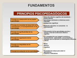 Principio de construcción de los propios
aprendizajes
PRINCIPIOS PSICOPEDAGÓGICOS
Principio de necesidad del desarrollo de la
comunicación y el acompañamiento en los
aprendizajes
Principio de significatividad de los
aprendizajes
Principio de organización de los
aprendizajes
Principio de integralidad de los
aprendizajes
Principio de evaluación de los aprendizajes
• Desarrollo afectivo cognitivo del estudiante –
grupos etáreos
• Aprendizaje individual en dinámicas socio -
culturales
• Inteligencias cognitivas
• Mediación educativa: lo consciente – lo
subconsciente
• Interconexión de los aprendizajes previos y
nuevos a nivel de la estructura afectivo-
cognitiva
• Por competencias que integran armónica y
dinámicamente capacidades, conocimientos y
actitudes que se expresan en desempeños eficientes
y éticos
• Motriz
• Afectivo
• Cognitivo
• Necesidad de evaluar para saber si
aprendemos.
• Criterios e indicadores
FUNDAMENTOS
 