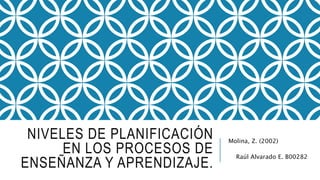 NIVELES DE PLANIFICACIÓN
EN LOS PROCESOS DE
ENSEÑANZA Y APRENDIZAJE.
Molina, Z. (2002)
Raúl Alvarado E. B00282
 