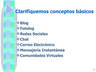 Clarifiquemos conceptos básicos Blog Fotolog Redes Sociales Chat Correo Electrónico Mensajería Instantánea Comunidades Virtuales 