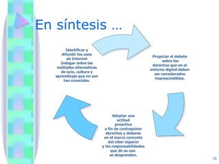 En síntesis … Propiciar el debate sobre los derechos que en el entorno digital deben ser considerados imprescindibles. Adoptar una actitud proactiva a fin de contraponer derechos y deberes en el marco concreto del ciber espacio y las responsabilidades que de su uso  se desprenden. Identificar y difundir los usos de Internet Indagar sobre las múltiples alternativas de ocio, cultura y aprendizaje que no son tan conocidas. 