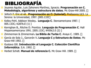 BIBLIOGRAFÍA 
 Joyanes Aguilar, Luis Zahonero Martínez, Ignacio. Programación en C. 
Metodología, algoritmos y estructura de datos. Mc Graw-Hill 2005. [] 
 Jeltsch F. Eric et all. Programación en C: (tutorial), Profesores ULS. La 
Serena: la Universidad, 1997. [005.133C] 
 Kelley-Pohl. Addison Wesley. Lenguaje C. Iberoamericana 1987. [ 
005.133C; K287b.E (1) ] 
 Kernighan B., Ritchie D. Prentice. Lenguaje de Programación C. Hall 
Hispanoamericana 1991. [005.133C; K459c2.E (2) ] 
 Zimmerman & Zimmerman. La Biblia de Turbo C. Anaya C. 1989. [] 
 García de Sola J., Garcerán V. Lenguaje C y Estructura de Datos. Mc 
Graw-Hill 1992. [] 
 Gustavo Gill. Introducción al Lenguaje C. Colección Científica 
Informática. S.A. 1992. [] 
 Herbet Schidt. Manual de referencia C. Mc Graw Hill. 1989. [] 
7 
 