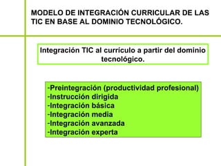 MODELO DE INTEGRACIÓN CURRICULAR DE LAS
TIC EN BASE AL DOMINIO TECNOLÓGICO.


 Integración TIC al currículo a partir del dominio
                   tecnológico.


   -Preintegración (productividad profesional)
   -Instrucción dirigida
   -Integración básica
   -Integración media
   -Integración avanzada
   -Integración experta
 